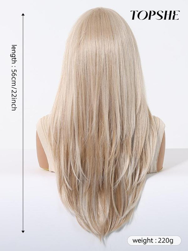 22 Inch Long Platinum Blonde Layered Straight Wigs for Women, Gorgeous Fluffy Wigs without Bangs, Synthetic Lace Front Wigs for Party Hairstyle, Daily Use