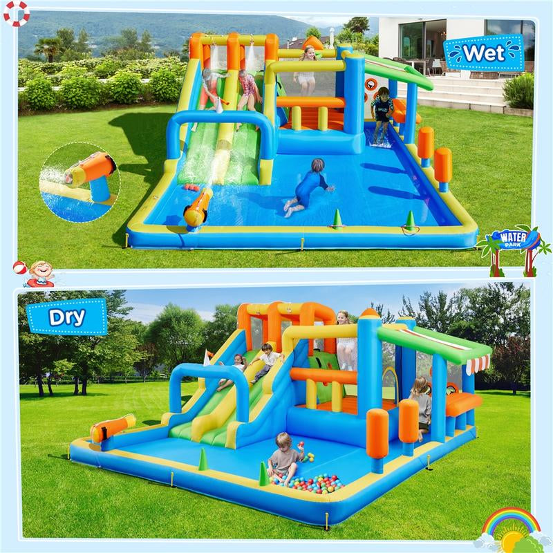 【#Fathersdaygift】Yaheetech 10-In-1 Water Bounce House with Slides for Kids Aged 3 to 8, Inflatable Bouncy Castle with Double Slides with 750W Blower & Toys & Accessories