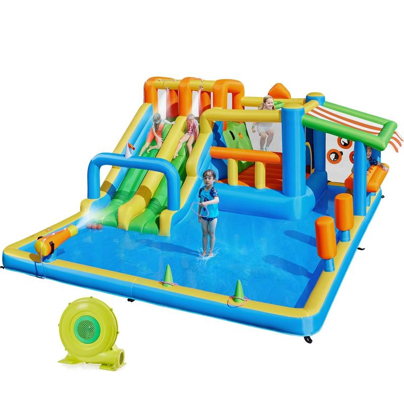 【#Fathersdaygift】Yaheetech 10-In-1 Water Bounce House with Slides for Kids Aged 3 to 8, Inflatable Bouncy Castle with Double Slides with 750W Blower & Toys & Accessories