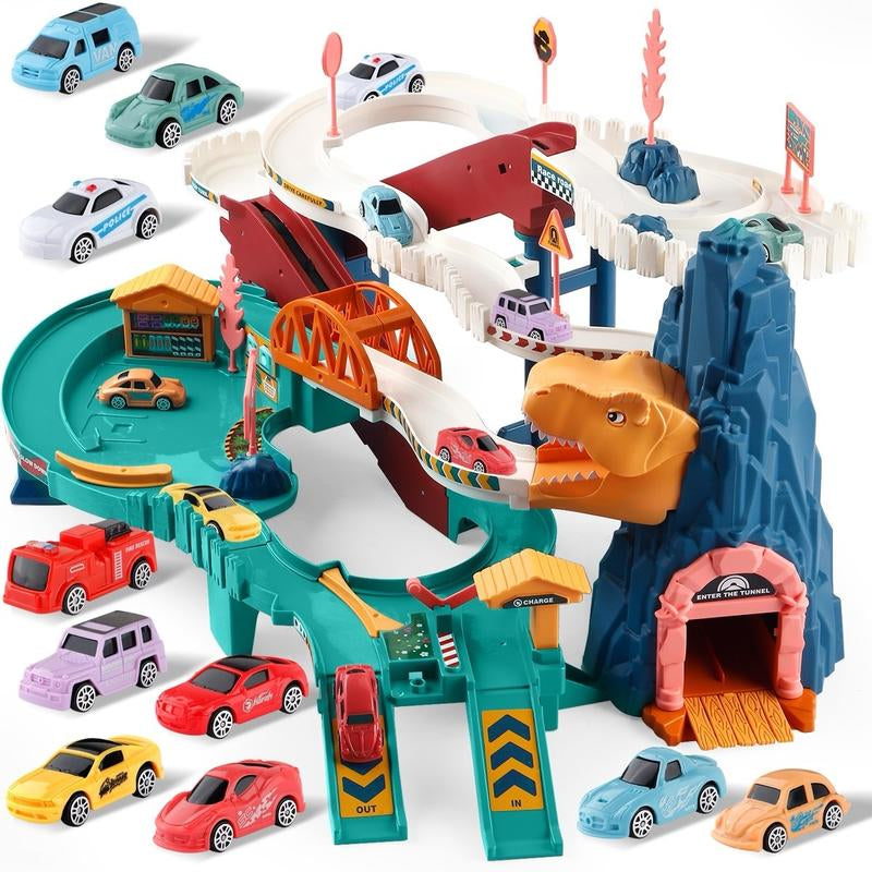 King Size Dinosaur Race Track Playset Toys for Kids Car Ramp Track Toys Adventure Car Garage Parking Toy Construction Racers Loop Vibrant