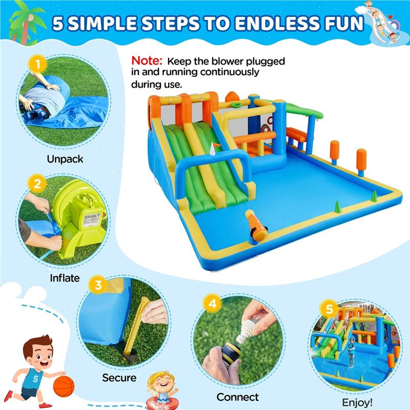 【#Fathersdaygift】Yaheetech 10-In-1 Water Bounce House with Slides for Kids Aged 3 to 8, Inflatable Bouncy Castle with Double Slides with 750W Blower & Toys & Accessories
