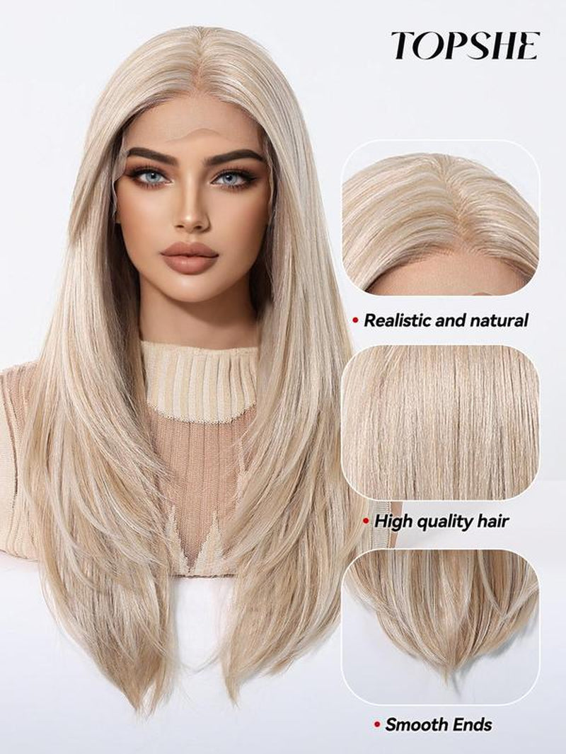 22 Inch Long Platinum Blonde Layered Straight Wigs for Women, Gorgeous Fluffy Wigs without Bangs, Synthetic Lace Front Wigs for Party Hairstyle, Daily Use