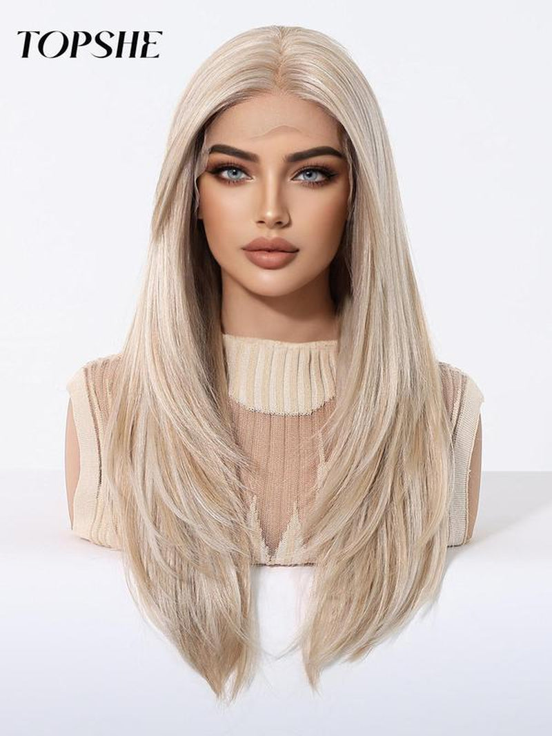 22 Inch Long Platinum Blonde Layered Straight Wigs for Women, Gorgeous Fluffy Wigs without Bangs, Synthetic Lace Front Wigs for Party Hairstyle, Daily Use