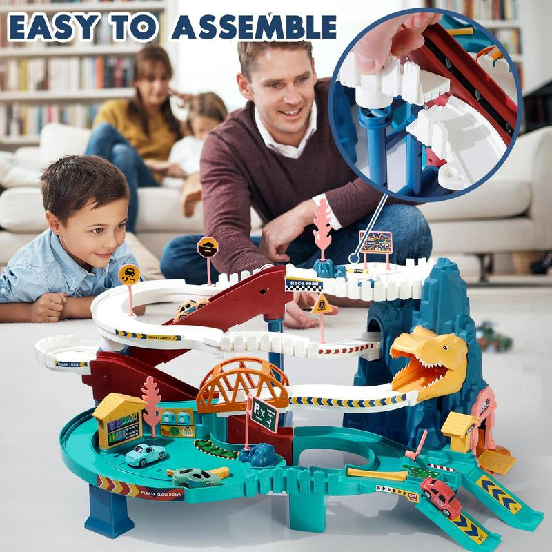 King Size Dinosaur Race Track Playset Toys for Kids Car Ramp Track Toys Adventure Car Garage Parking Toy Construction Racers Loop Vibrant