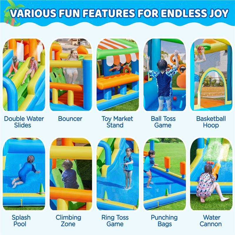 【#Fathersdaygift】Yaheetech 10-In-1 Water Bounce House with Slides for Kids Aged 3 to 8, Inflatable Bouncy Castle with Double Slides with 750W Blower & Toys & Accessories