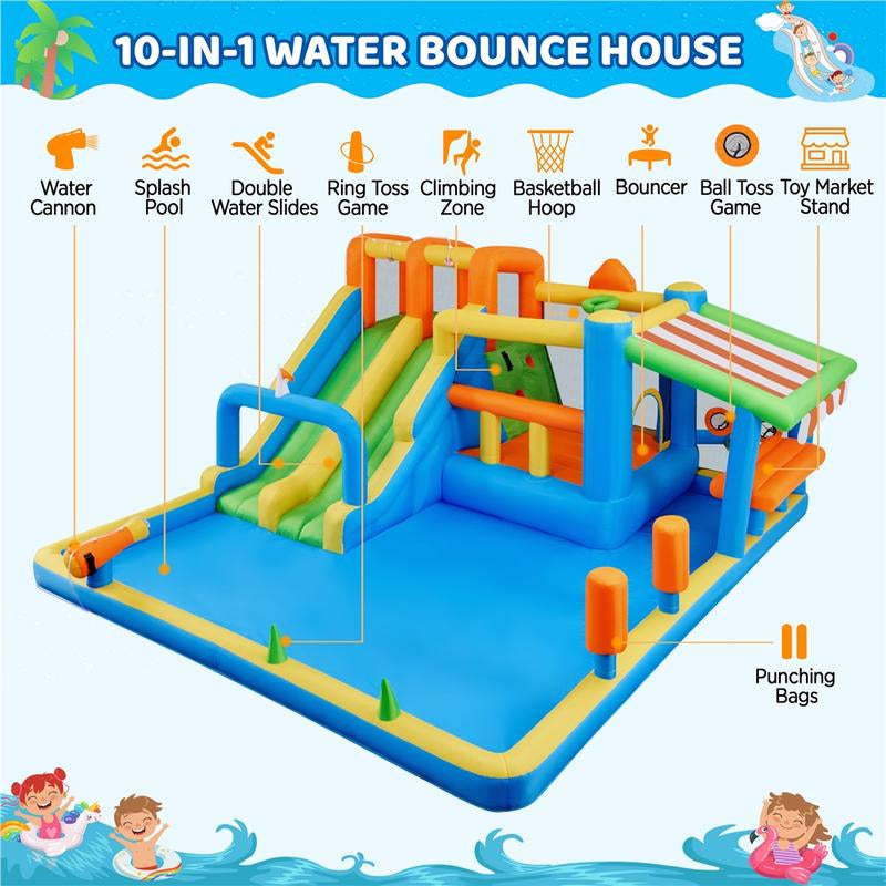 【#Fathersdaygift】Yaheetech 10-In-1 Water Bounce House with Slides for Kids Aged 3 to 8, Inflatable Bouncy Castle with Double Slides with 750W Blower & Toys & Accessories
