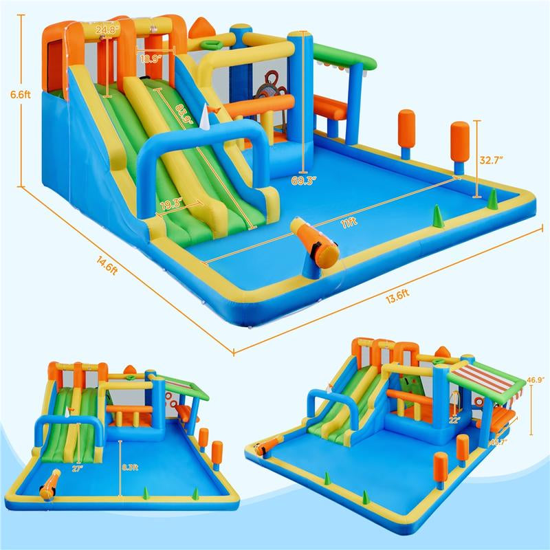 【#Fathersdaygift】Yaheetech 10-In-1 Water Bounce House with Slides for Kids Aged 3 to 8, Inflatable Bouncy Castle with Double Slides with 750W Blower & Toys & Accessories