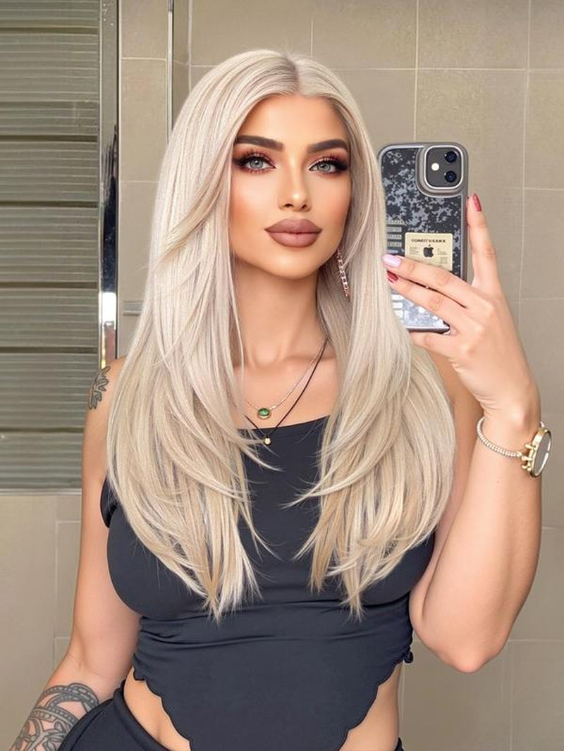 22 Inch Long Platinum Blonde Layered Straight Wigs for Women, Gorgeous Fluffy Wigs without Bangs, Synthetic Lace Front Wigs for Party Hairstyle, Daily Use