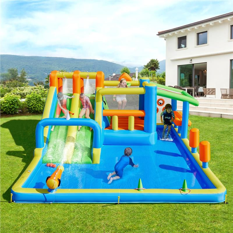 【#Fathersdaygift】Yaheetech 10-In-1 Water Bounce House with Slides for Kids Aged 3 to 8, Inflatable Bouncy Castle with Double Slides with 750W Blower & Toys & Accessories