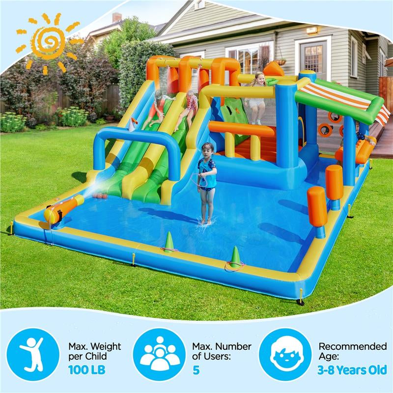 【#Fathersdaygift】Yaheetech 10-In-1 Water Bounce House with Slides for Kids Aged 3 to 8, Inflatable Bouncy Castle with Double Slides with 750W Blower & Toys & Accessories