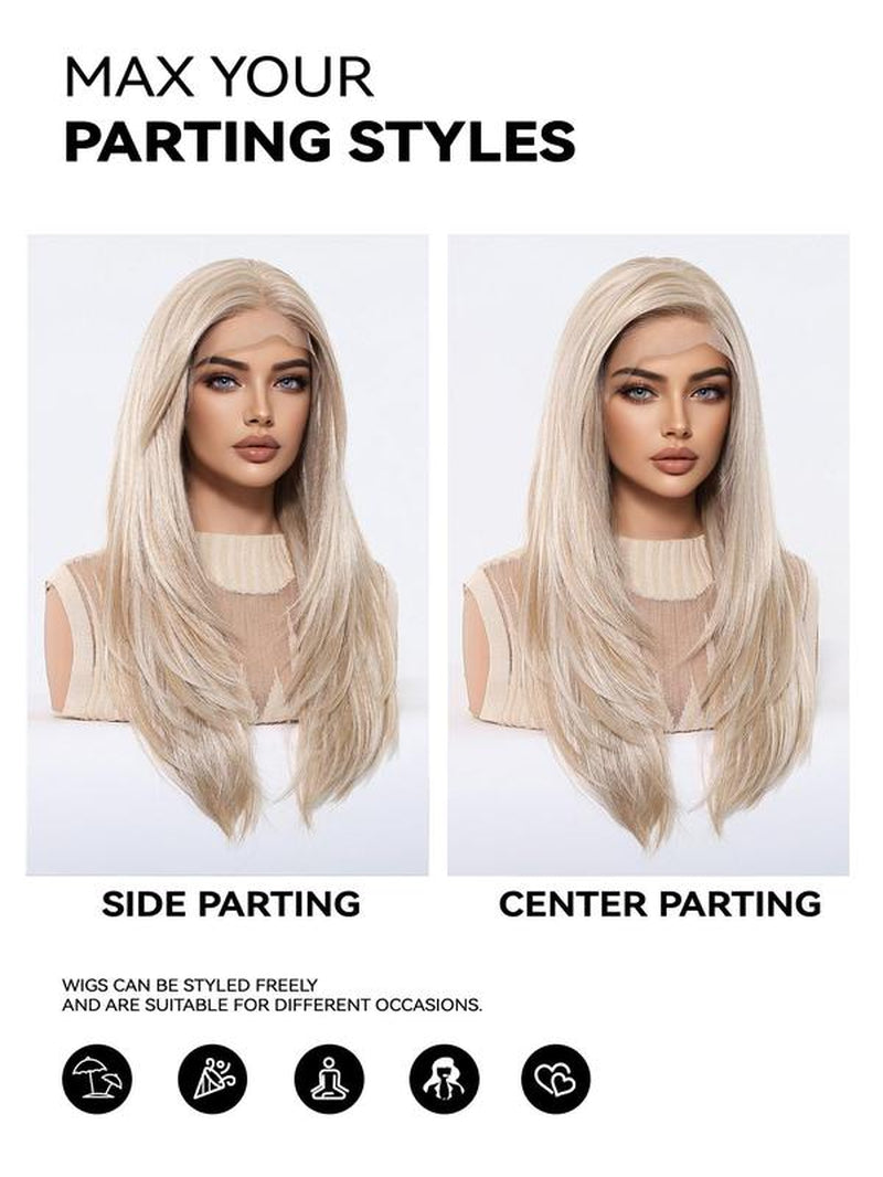 22 Inch Long Platinum Blonde Layered Straight Wigs for Women, Gorgeous Fluffy Wigs without Bangs, Synthetic Lace Front Wigs for Party Hairstyle, Daily Use