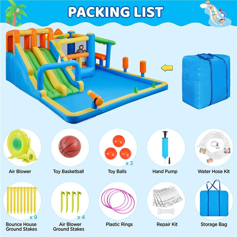 【#Fathersdaygift】Yaheetech 10-In-1 Water Bounce House with Slides for Kids Aged 3 to 8, Inflatable Bouncy Castle with Double Slides with 750W Blower & Toys & Accessories