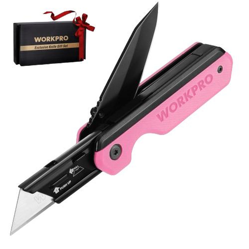 #Fathersdaygift WORKPRO 2-In-1 Folding Knife/Utility Knife, Quick-Change Box Cutter with Belt Clip, Liner Lock, and G10 Handle, Extra 10 SK5 Blades Included
