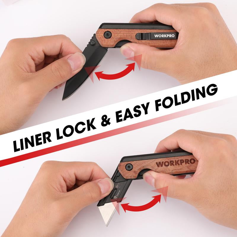 #Fathersdaygift WORKPRO 2-In-1 Folding Knife/Utility Knife, Quick-Change Box Cutter with Belt Clip, Liner Lock, and G10 Handle, Extra 10 SK5 Blades Included