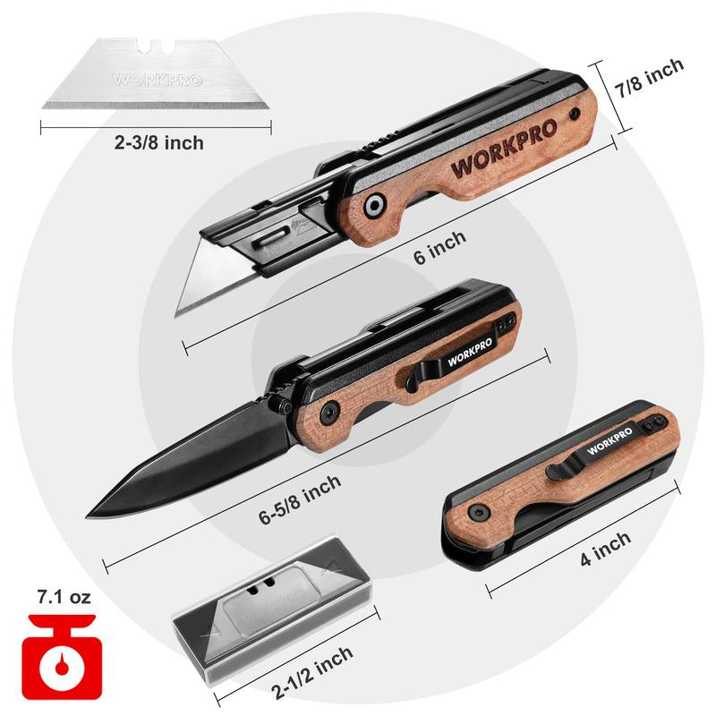 #Fathersdaygift WORKPRO 2-In-1 Folding Knife/Utility Knife, Quick-Change Box Cutter with Belt Clip, Liner Lock, and G10 Handle, Extra 10 SK5 Blades Included