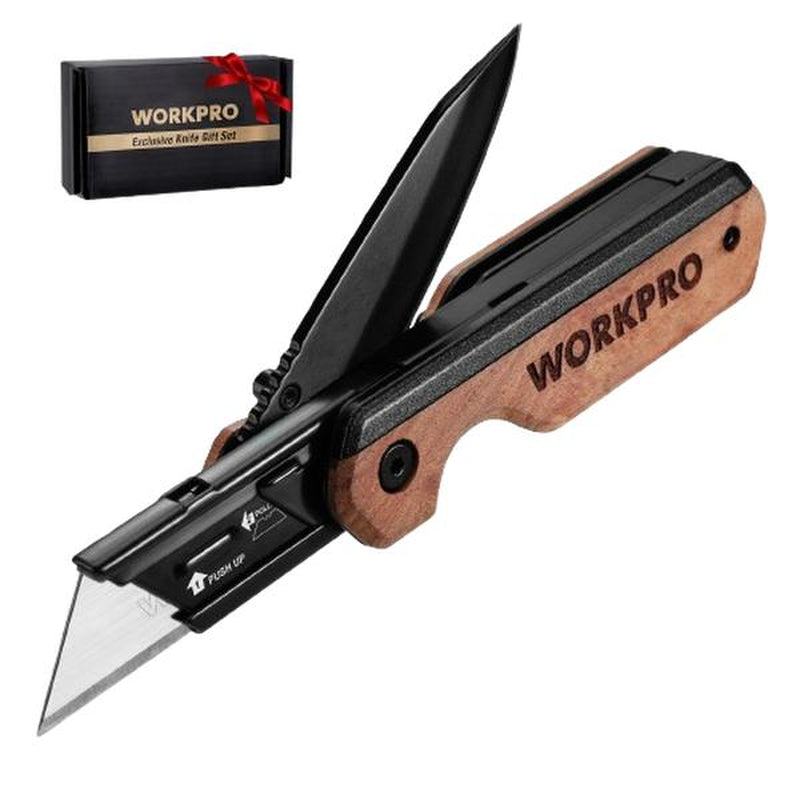 #Fathersdaygift WORKPRO 2-In-1 Folding Knife/Utility Knife, Quick-Change Box Cutter with Belt Clip, Liner Lock, and G10 Handle, Extra 10 SK5 Blades Included