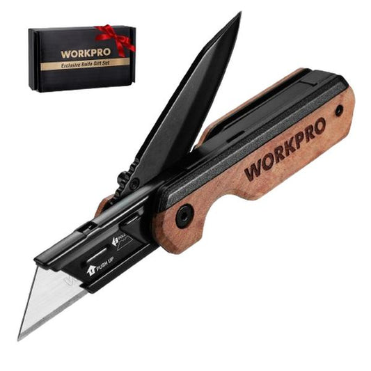 #Fathersdaygift WORKPRO 2-In-1 Folding Knife/Utility Knife, Quick-Change Box Cutter with Belt Clip, Liner Lock, and G10 Handle, Extra 10 SK5 Blades Included