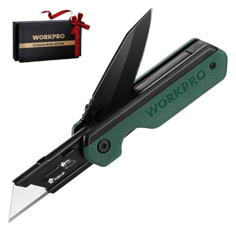 #Fathersdaygift WORKPRO 2-In-1 Folding Knife/Utility Knife, Quick-Change Box Cutter with Belt Clip, Liner Lock, and G10 Handle, Extra 10 SK5 Blades Included